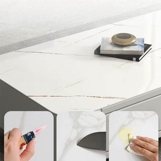 White marble effect tabletop with decorative items and cleaning process, showcasing affordable luxury for your living room.