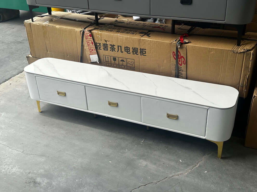 Affordable white chalk sintered stone TV stand with three drawers, stylish design for living room storage, 160cm.