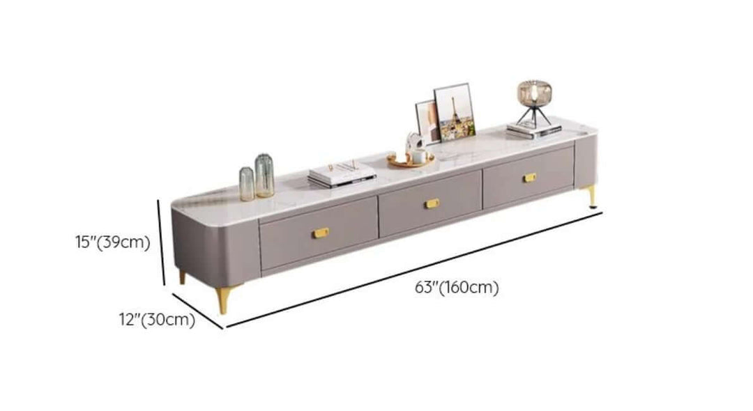 Sintered stone TV stand in white with 3 drawers, stylish design for living room, dimensions 160x30x39 cm. Affordable luxury.