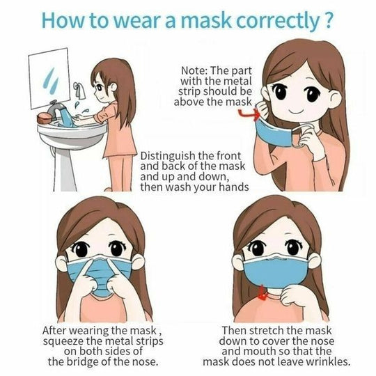 Infographic on how to wear a mask correctly, demonstrating proper fitting and hygiene steps.