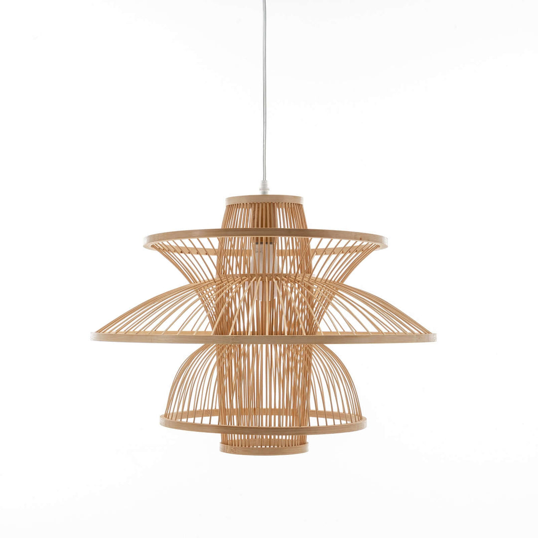 Aurora Natural Hand-Woven Bamboo 3-Layer Pendant Lamp Light, eco-friendly and stylish decor for any room.