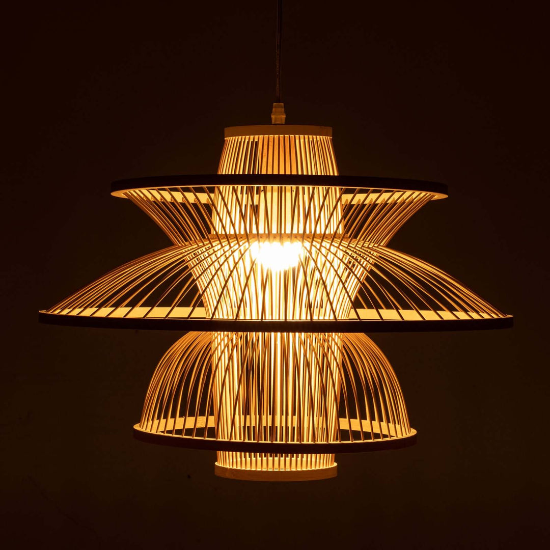 Aurora Natural Hand-Woven Bamboo 3-Layer Pendant Lamp Light with warm glow, perfect for stylish and eco-friendly home decor.