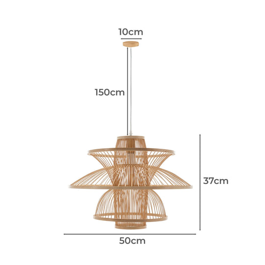 Aurora natural hand-woven bamboo 3-layer pendant lamp dimensions with eco-friendly design for home decor.