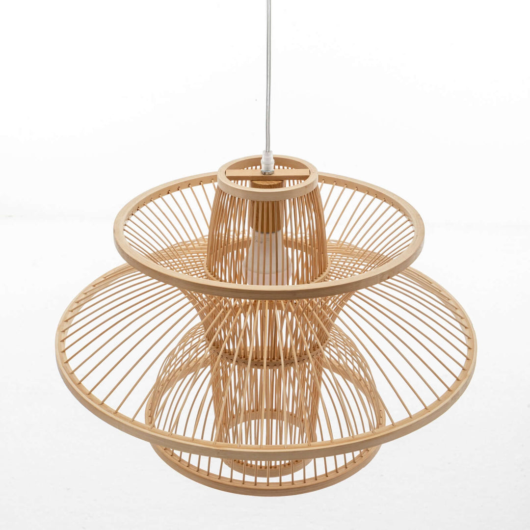 Aurora Natural Hand-Woven Bamboo 3-Layer Pendant Lamp Light showcasing modern, eco-friendly design for stylish home decor.