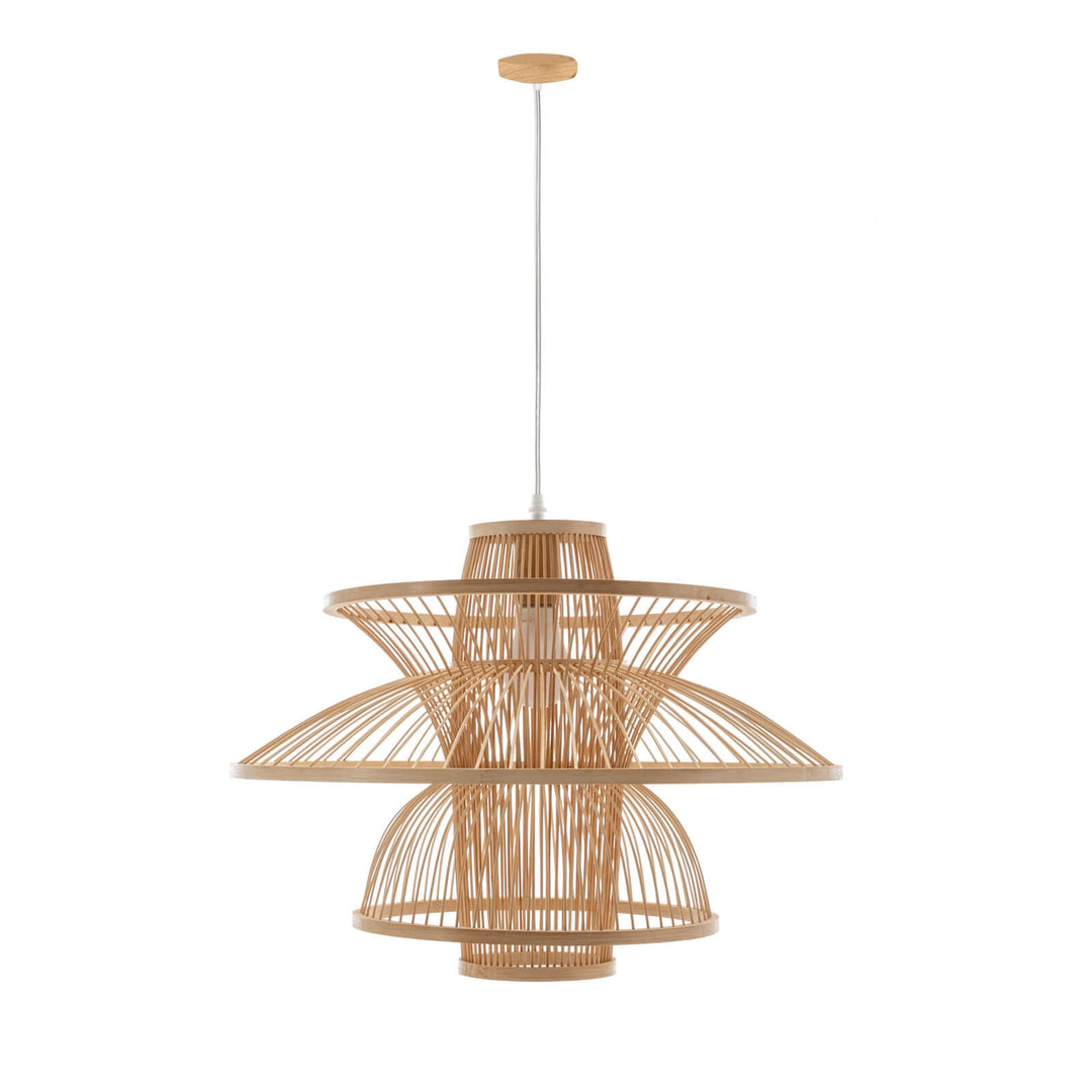 Aurora Natural Hand-Woven Bamboo 3-Layer Pendant Lamp showcasing eco-friendly design, affordable elegance for modern home decor.