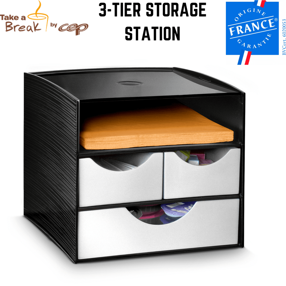 CEP 3-tier storage station in black/metallic grey, ideal for organizing kitchen essentials, made in France.