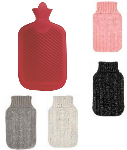 2L hot water bottle with colorful knit covers, ideal for winter warmth and soothing aches, made of quality natural rubber.