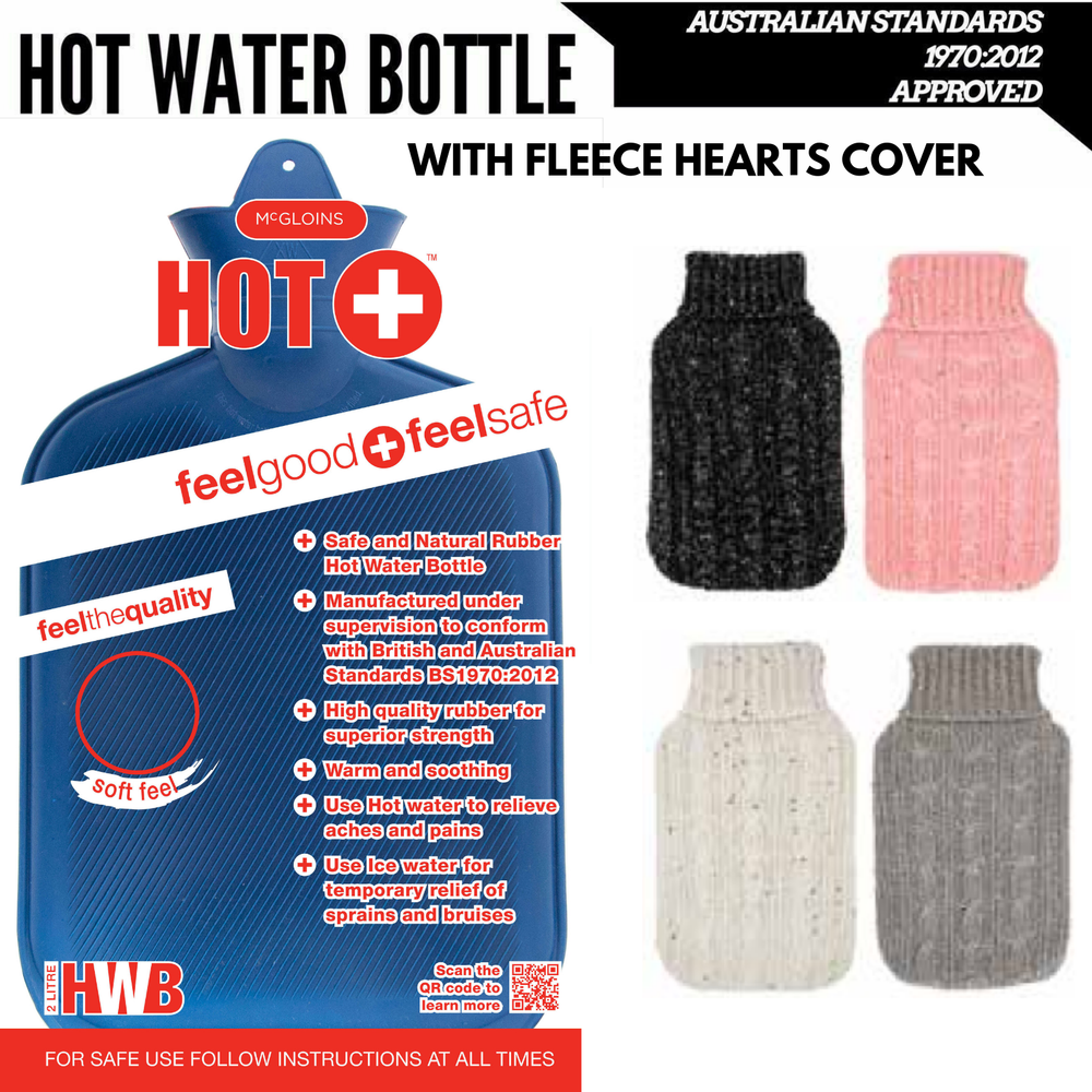 2L hot water bottle with fleece hearts cover, Australian Standards approved, perfect for warmth and soothing aches.