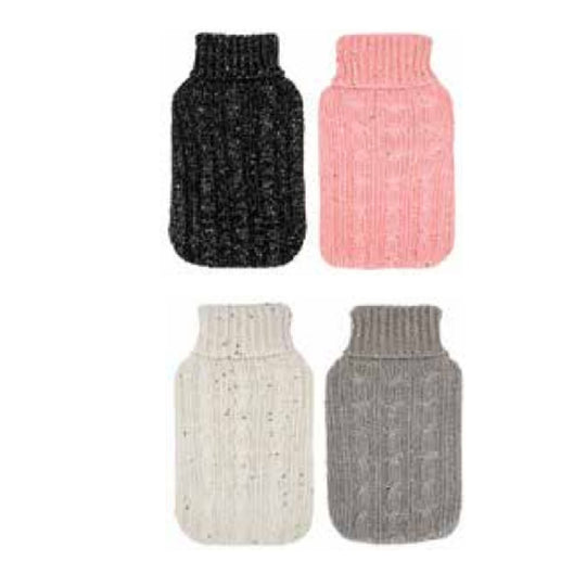 Colorful knit sparkles covers for 2L hot water bottles in black, pink, white, and grey for winter warmth.