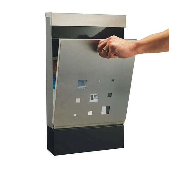 Modern wall-mounted stainless steel letterbox with lockable caddy design, showcasing affordable and quality DIY home accessory.