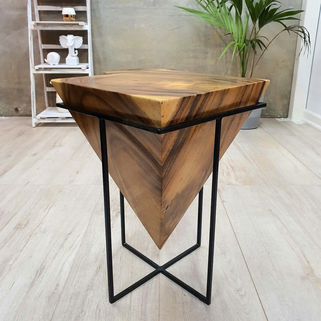 Pyramid design wooden side table, corner stool, or plant stand with raintree wood natural finish, affordable value furniture, quality craftsmanship