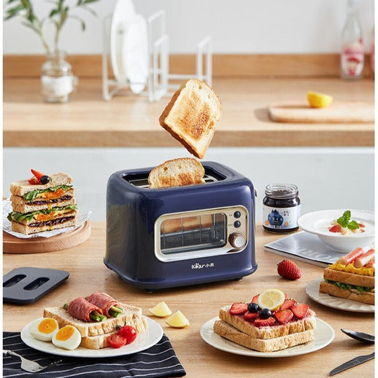 BEAR Double Slots Bread Toaster With Glass Window on kitchen counter with toast and food items around, featuring value furniture and quality design