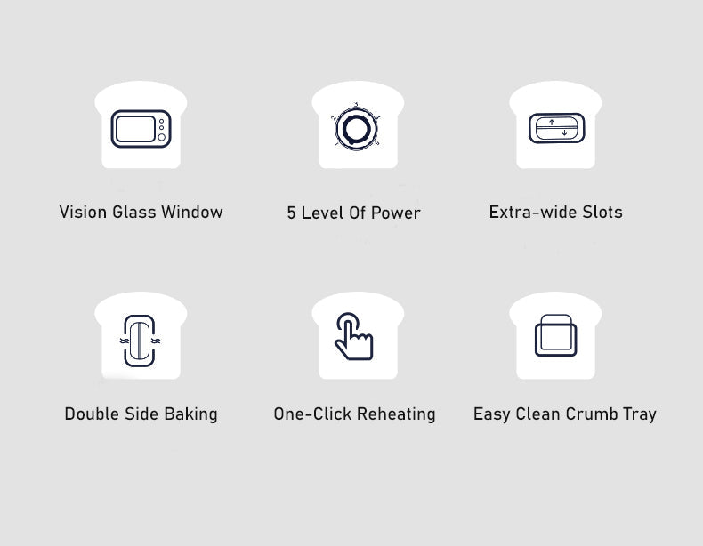 Icons displaying features of BEAR Double Slots Bread Toaster, including glass window, power levels, extra-wide slots, double side baking, one-click reheating, and easy clean crumb tray.