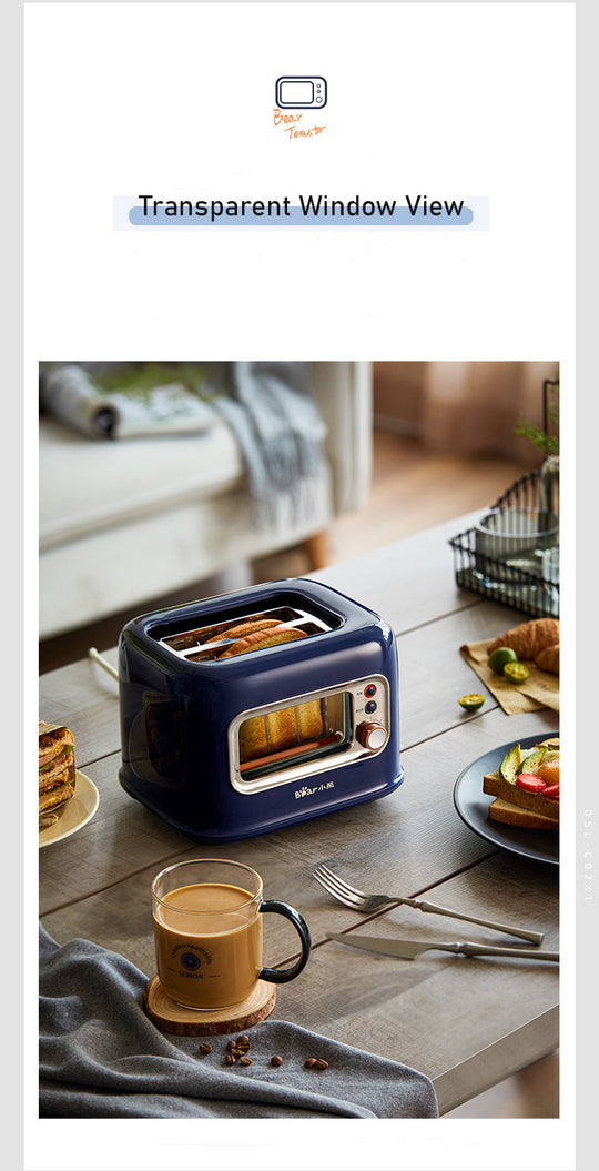 BEAR Double Slots Bread Toaster with Glass Window on table with breakfast, value furniture, affordable quality kitchen appliance