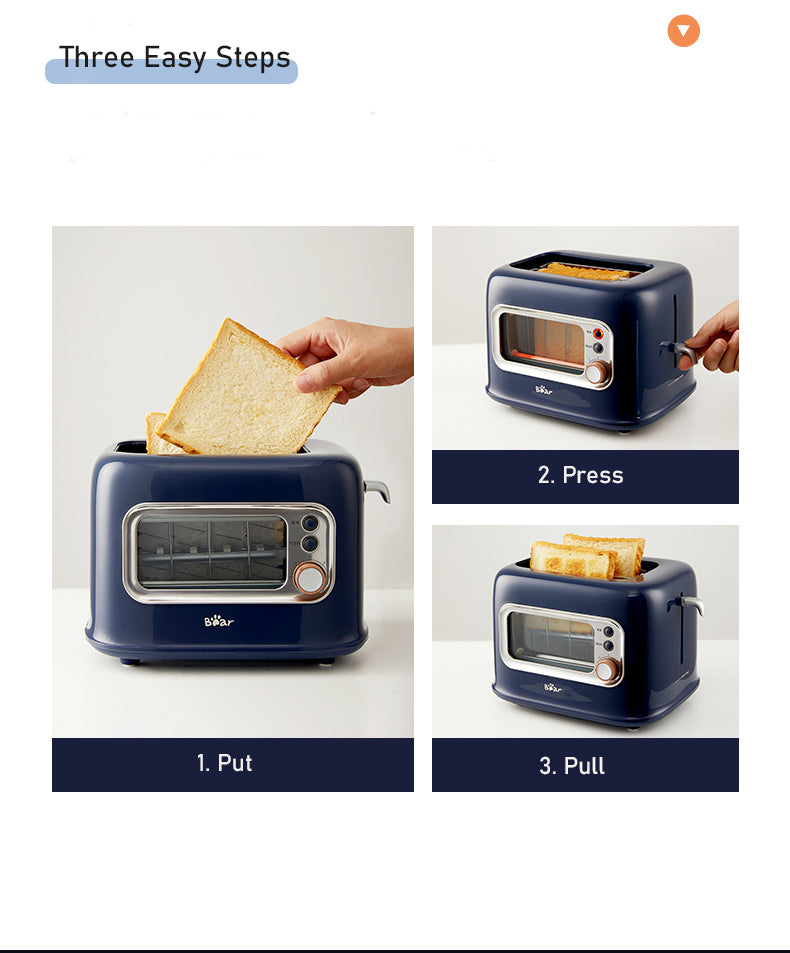 Easy steps to use BEAR Double Slots Bread Toaster with glass window - put, press, pull for perfectly toasted bread.