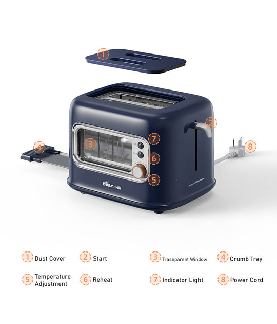 BEAR Double Slots Bread Toaster with Glass Window DSL-C02X1 showcasing features such as transparent window, crumb tray, and reheat function.