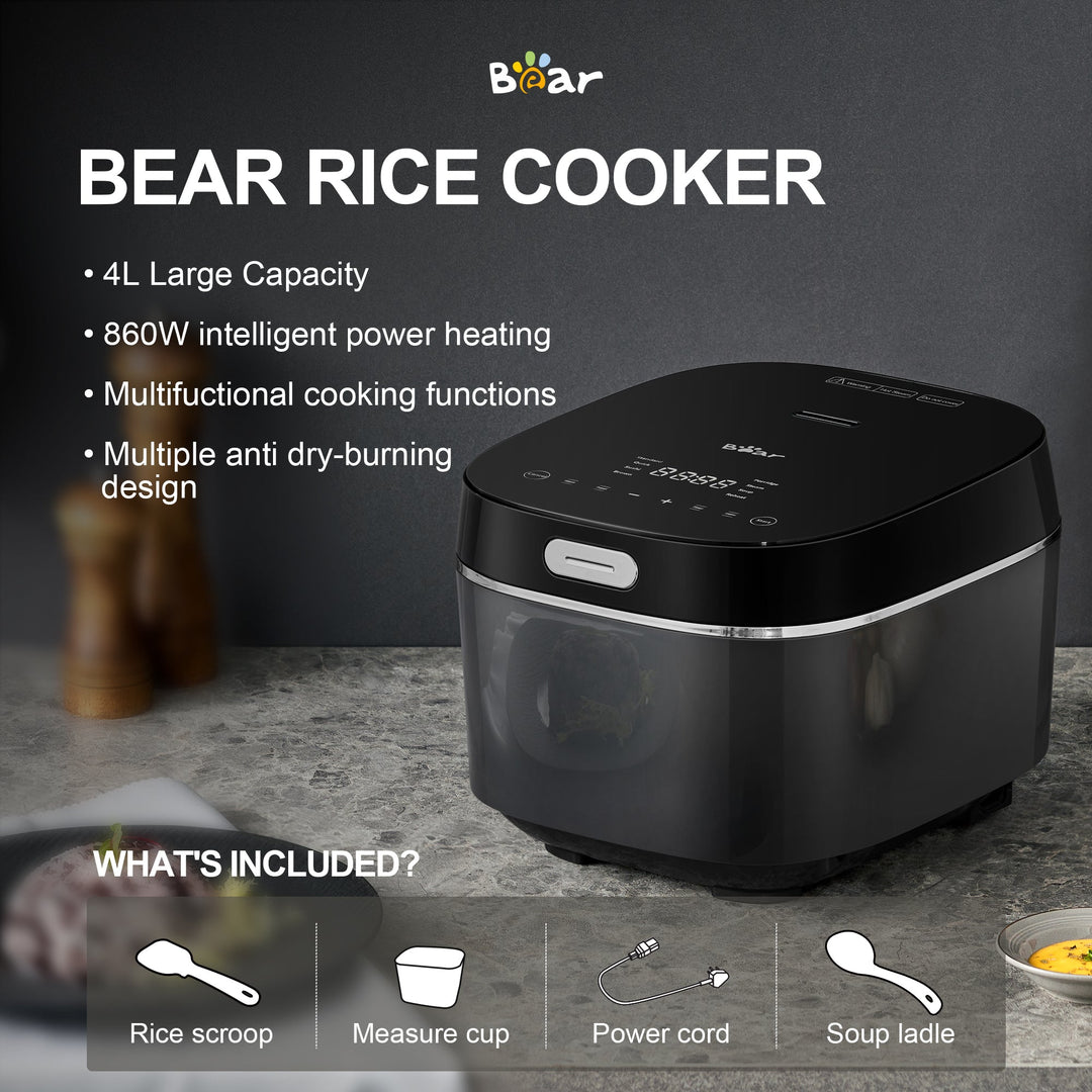 BEAR Rice Cooker 4L with Intelligent Power Heating, Multifunctional Cooking, Anti-Dry Burning Design, and Included Accessories.