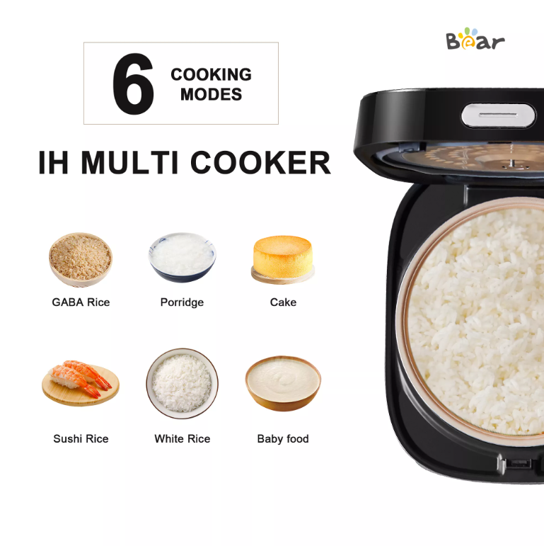 BEAR IH multi cooker displaying 6 cooking modes: GABA rice, porridge, cake, sushi rice, white rice, and baby food.