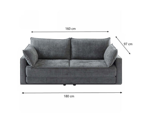 Comfy 3 seater sofa bed in grey, dimensions 160 cm wide, 180 cm long, 97 cm high, perfect for affordable luxe living.