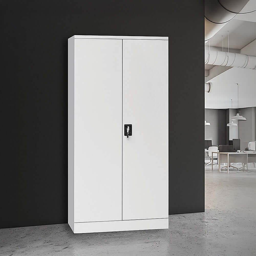 Affordable white 2-door lockable filing storage cabinet for office or gym use, featuring multi-shelf design.