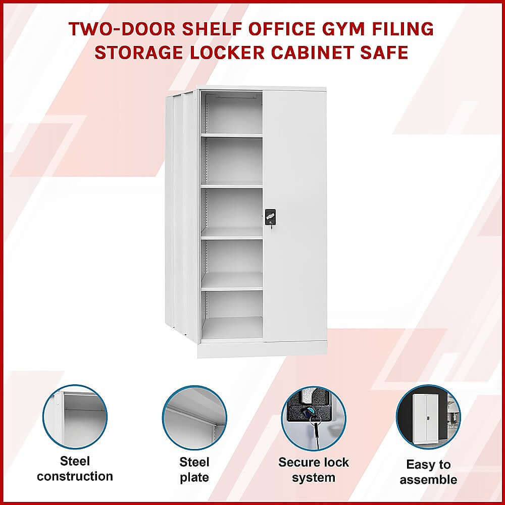 Affordable two-door filing storage locker cabinet with secure lock and steel construction, easy to assemble.