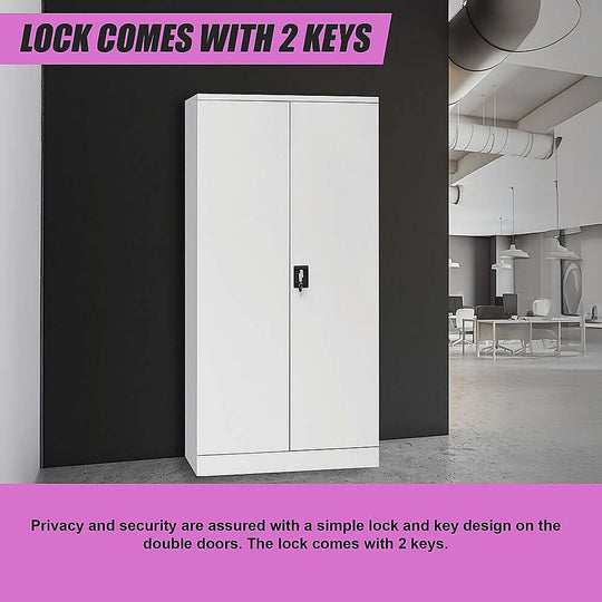 Two-door white storage cabinet with a simple lock and key, includes 2 keys for privacy and security in any setting.