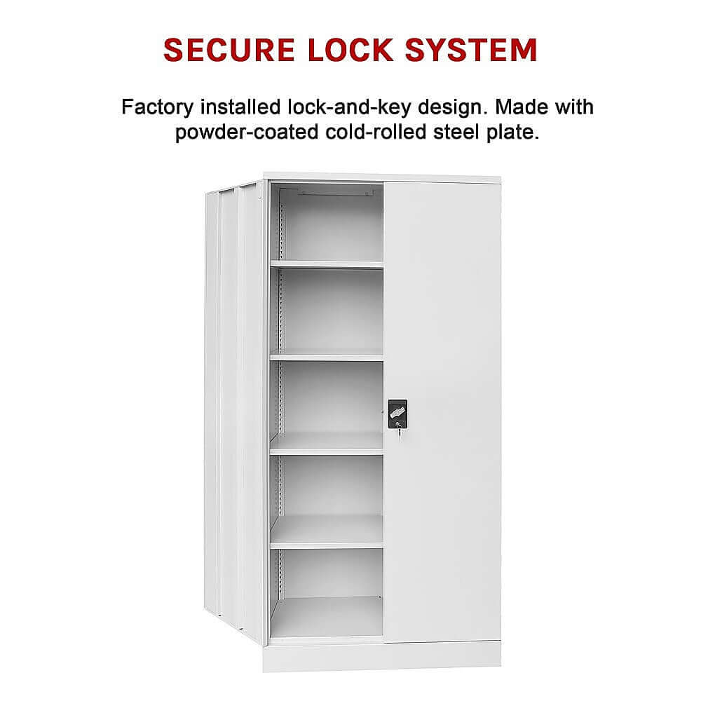 Secure lock system file cabinet with multiple shelves, made of powder-coated cold-rolled steel for durability.