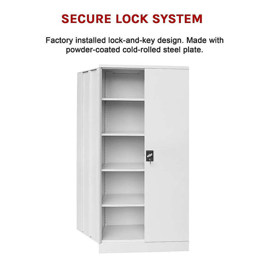 Secure lock system file cabinet with multiple shelves, made of powder-coated cold-rolled steel for durability.