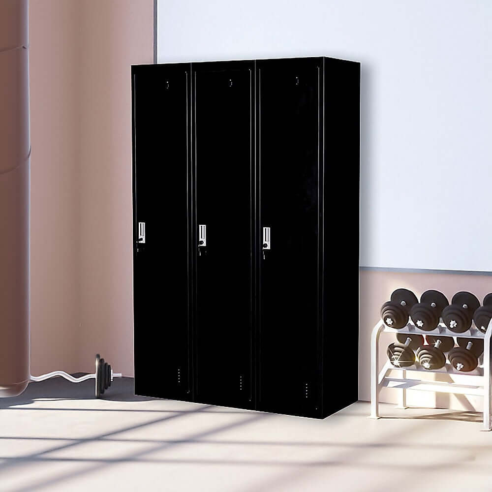 Three-door black office gym shed storage locker ideal for affordable and quality storage solutions in any space.