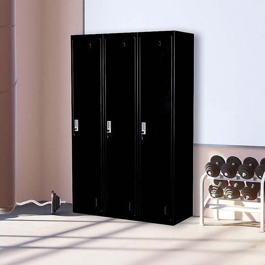 Three-door black office gym shed storage locker ideal for affordable and quality storage solutions in any space.