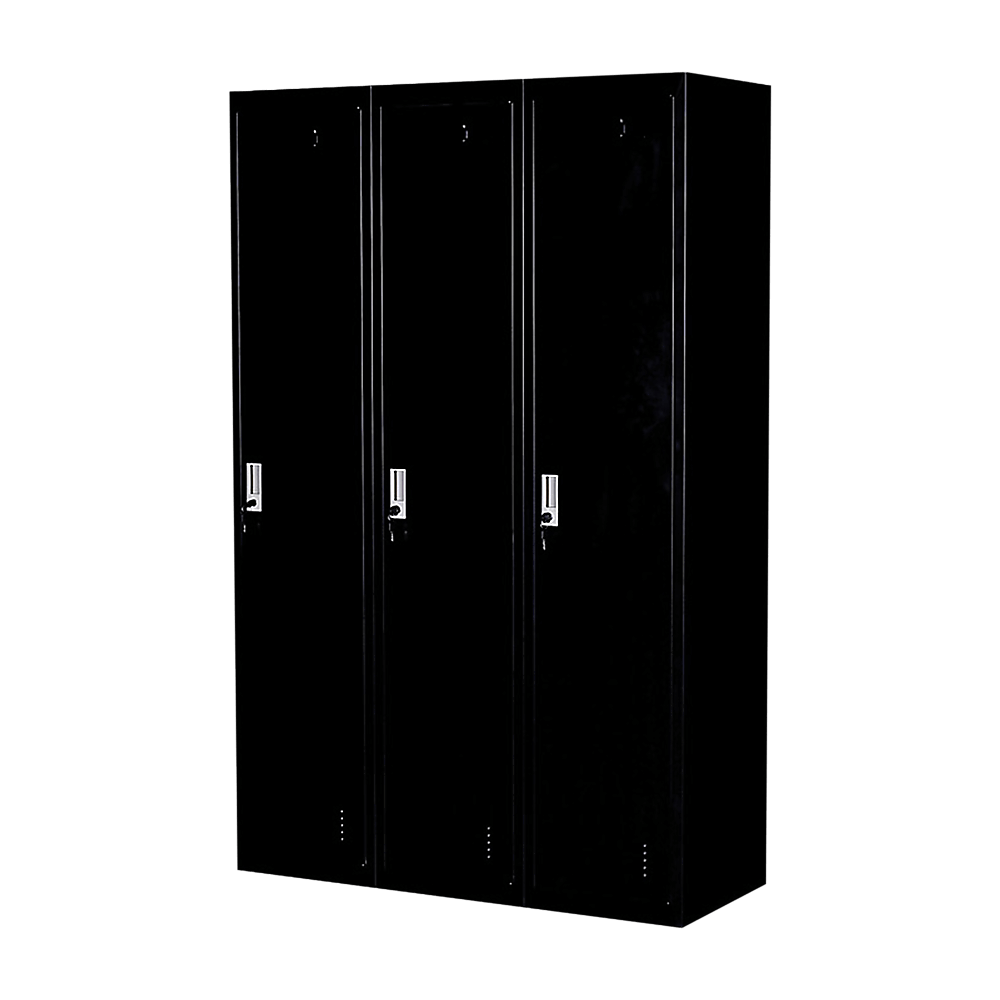 Three-door side by side storage locker in sleek black, affordable quality for gym and office use.