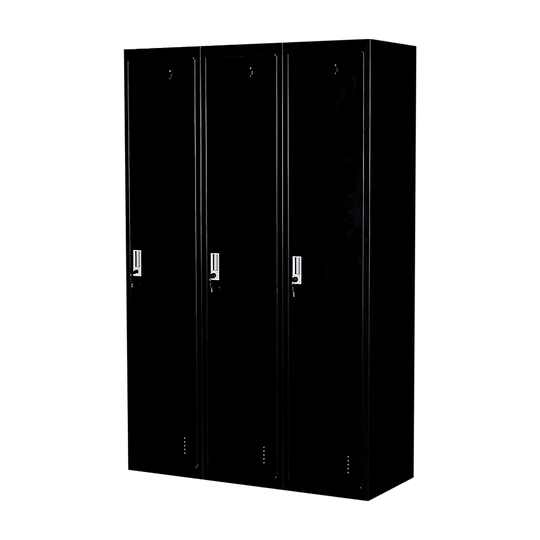 Three-door side by side storage locker in sleek black, affordable quality for gym and office use.