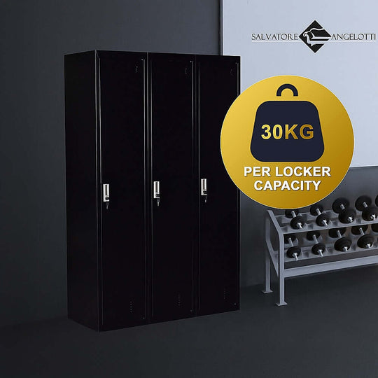 Three-door side by side office gym locker, 30kg capacity per locker, affordable storage solution for schools and offices.