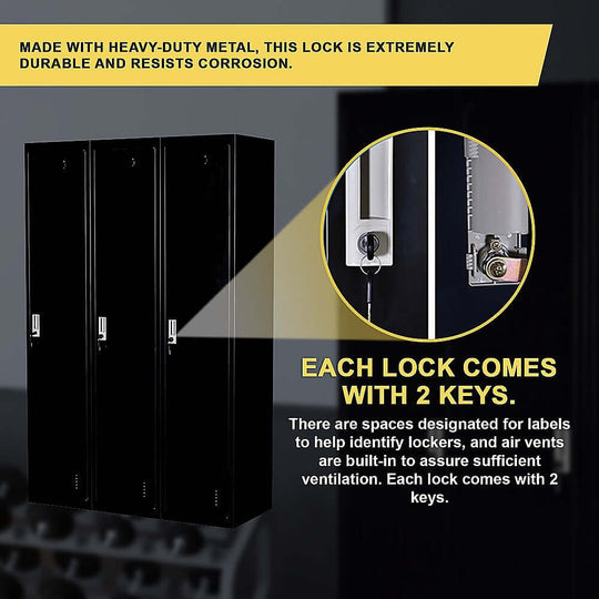 Durable three-door locker with heavy-duty metal construction, secure locks, ventilation, and two keys for each locker.