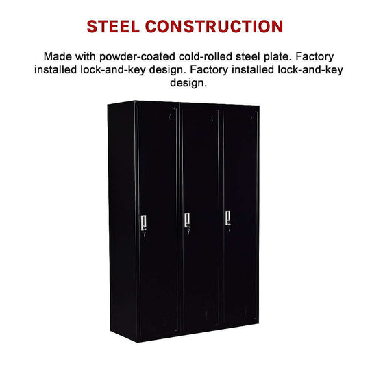 Three-door steel locker with powder-coated finish, factory lock-and-key design, ideal for affordable storage solutions.