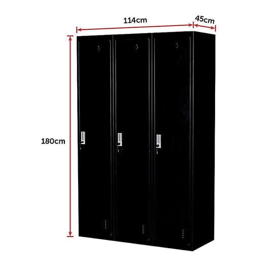 Three-door side by side office gym storage locker, 180cm tall, 114cm wide, affordable and quality design.