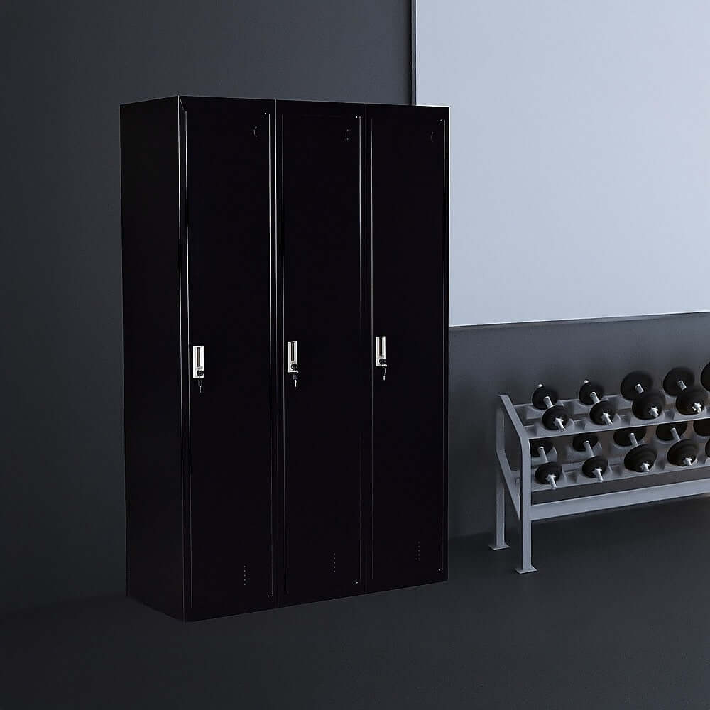 Affordable three-door side-by-side storage locker in a gym, perfect for quality DIY or luxury storage solutions.