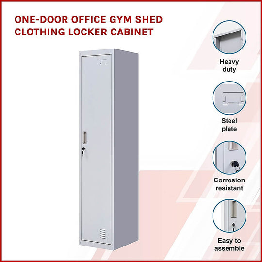 One-Door Office Gym Shed Clothing Locker Cabinet, heavy-duty, steel plate, corrosion resistant, easy to assemble.