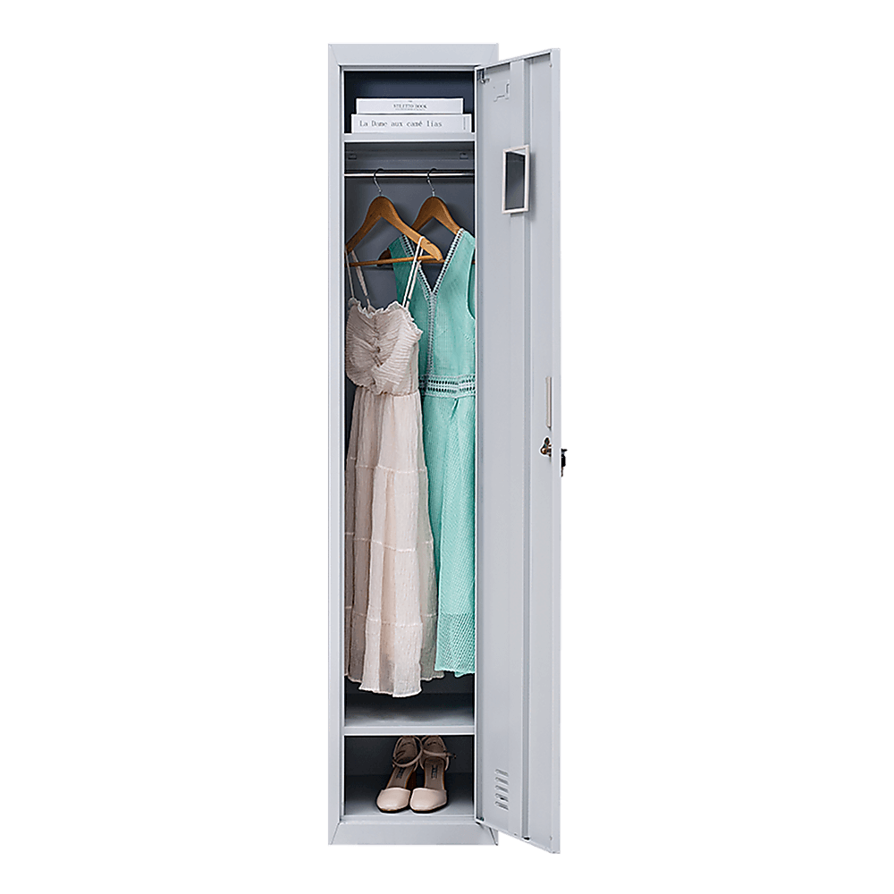 Affordable one-door clothing locker cabinet displaying dresses and shoes, perfect for DIY or luxury storage solutions.