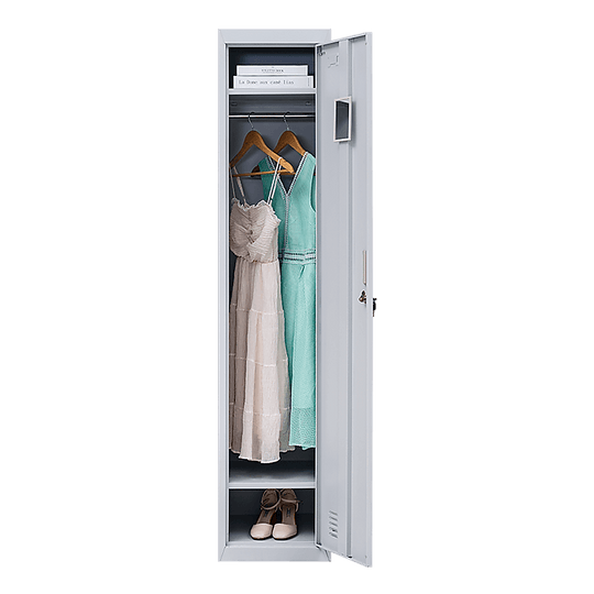 Affordable one-door clothing locker cabinet displaying dresses and shoes, perfect for DIY or luxury storage solutions.