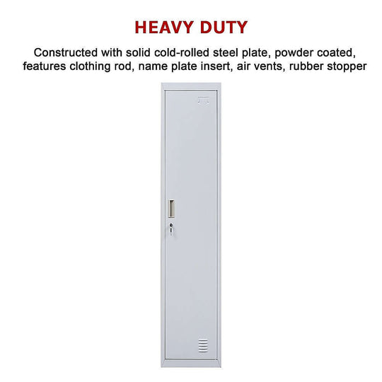 Heavy duty one-door locker with ventilation, clothing rod, and durable steel construction for affordable storage solutions.