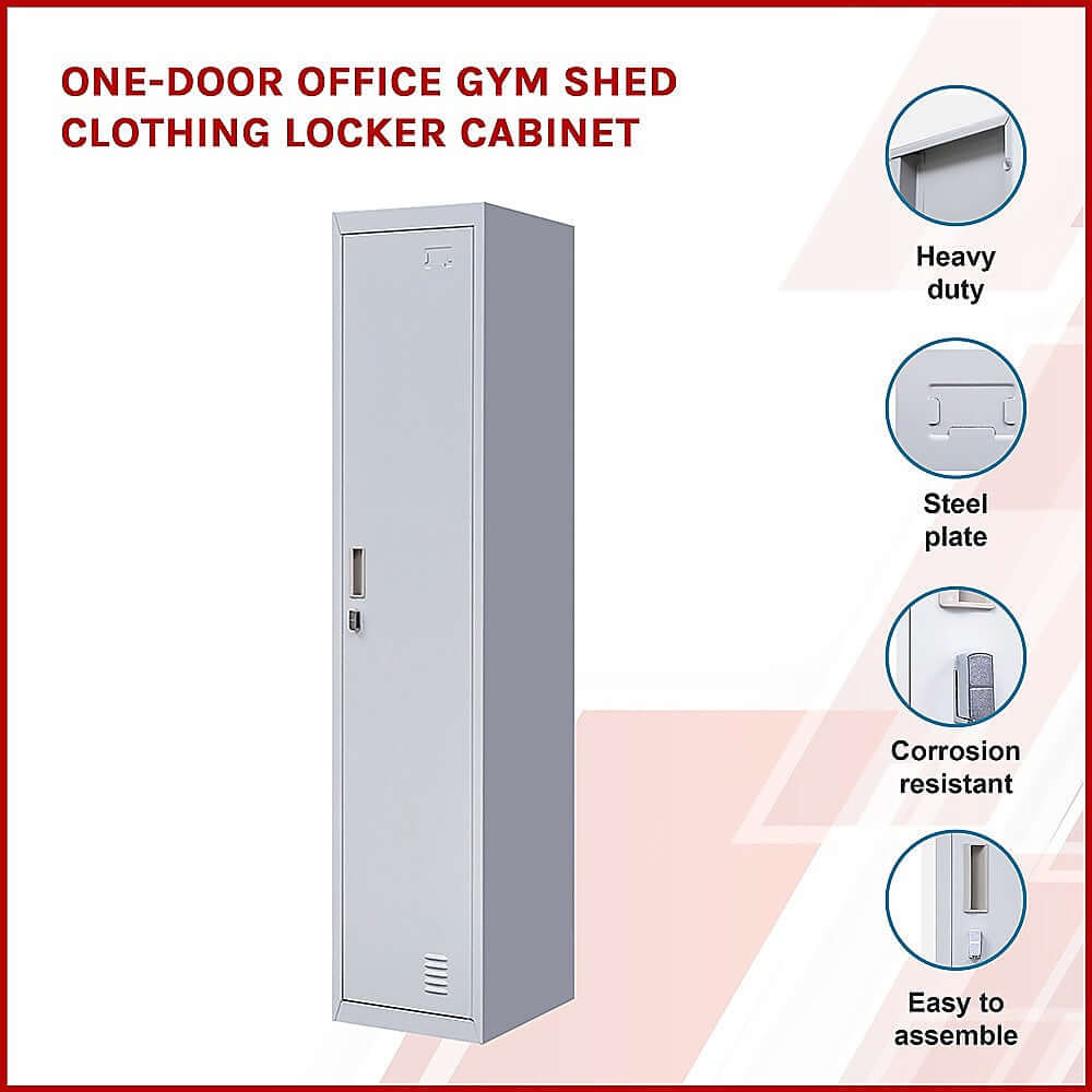 One-Door Office Gym Shed Clothing Locker Cabinet, heavy-duty, steel plate, corrosion resistant, easy to assemble, affordable storage.