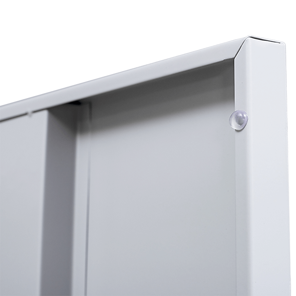 Close-up of the corner of a white metal locker shed, showcasing quality design and construction for affordable storage solutions.