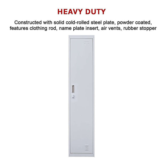 Heavy-duty one-door locker made of solid steel with clothing rod, vents, and rubber stopper for versatile storage.