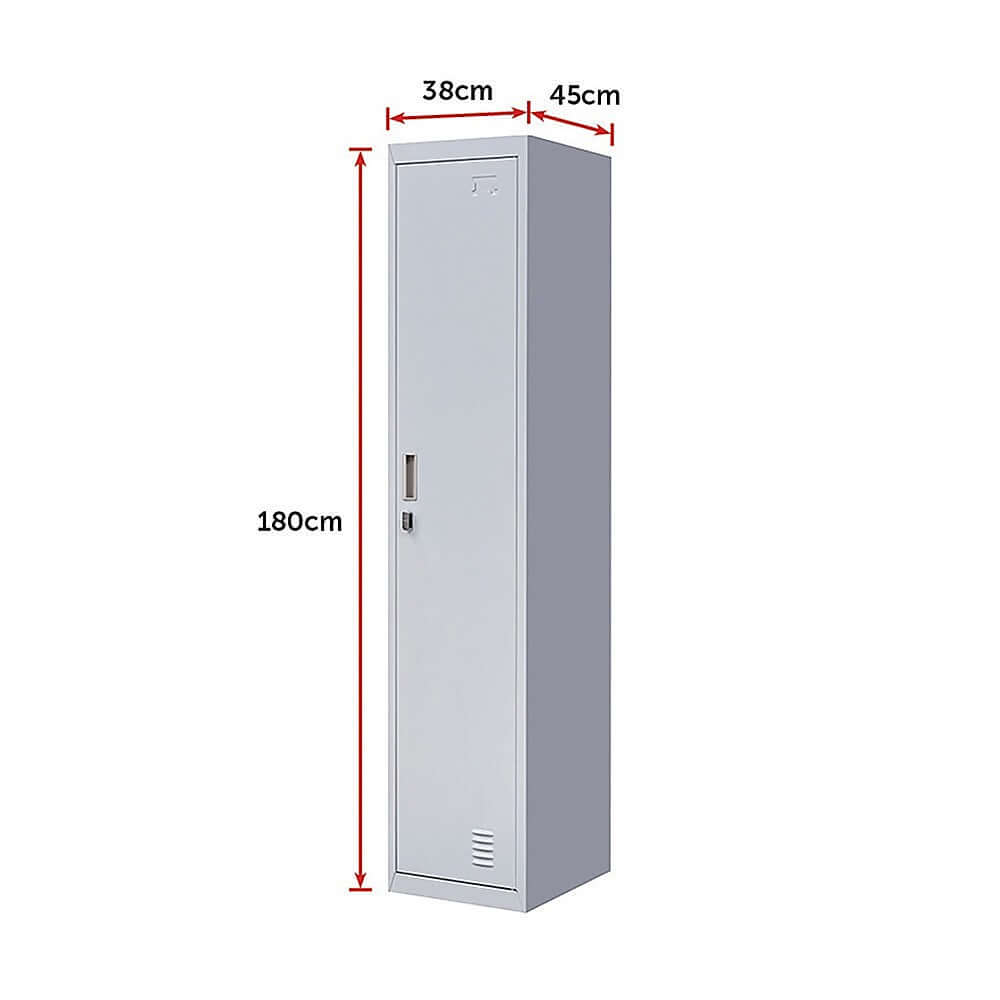 One-door office gym shed locker cabinet with dimensions 180cm x 38cm x 45cm, ideal for affordable storage solutions.