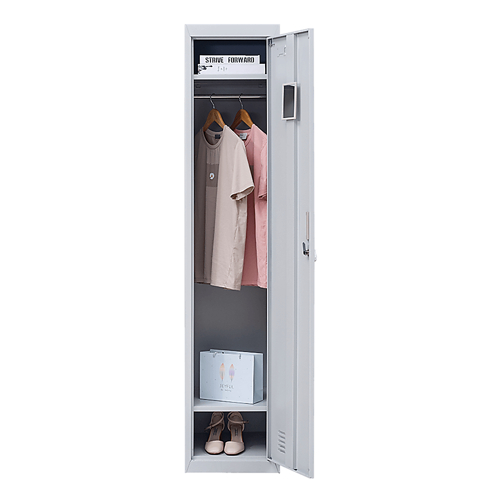 Affordable one-door office gym locker cabinet with hanging clothes and storage space for personal belongings.