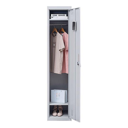 Affordable one-door office gym locker cabinet with hanging clothes and storage space for personal belongings.