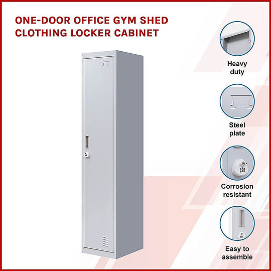 One-Door Office Gym Shed Clothing Locker Cabinet, heavy duty steel, corrosion resistant, easy to assemble, affordable quality storage.