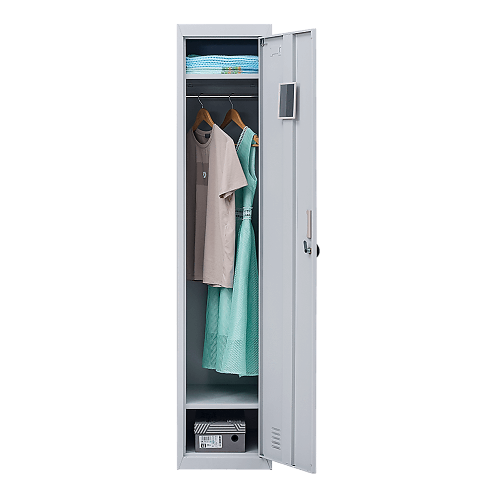 One-door office gym shed locker cabinet showcasing clothing, ideal for affordable storage solutions.