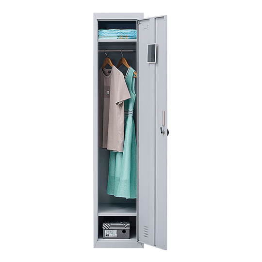 One-door office gym shed locker cabinet showcasing clothing, ideal for affordable storage solutions.